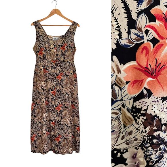 Vintage 90s does 40s Robbie Bee Button Down Maxi Dress Sz 10 Tropical Floral - Picture 1 of 7
